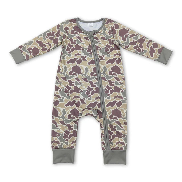 RTS NO MOQ Sibling milk silk Sibling Baby Boys Bamboo Southern Camo Dogs Ducks Hunting Zip Rompers