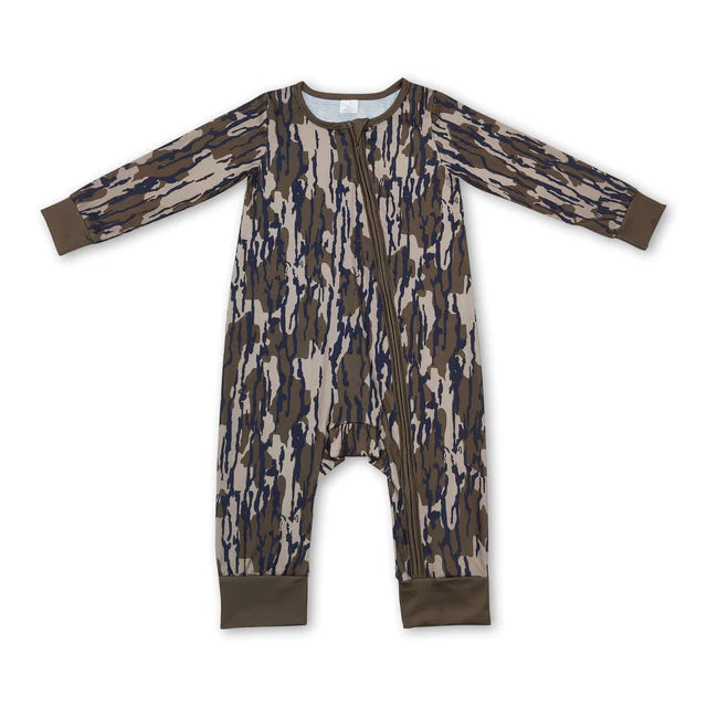 RTS NO MOQ Sibling milk silk Sibling Baby Boys Bamboo Southern Camo Dogs Ducks Hunting Zip Rompers