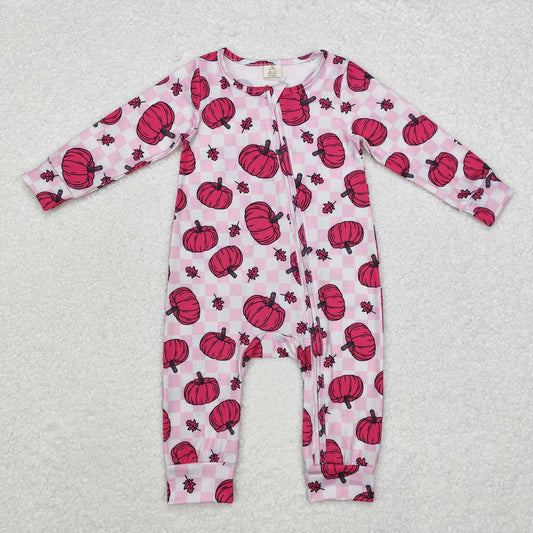 bamboo rts no moq LR1456 modal rose red pumpkin leaf plaid zipper long-sleeved jumpsuit
