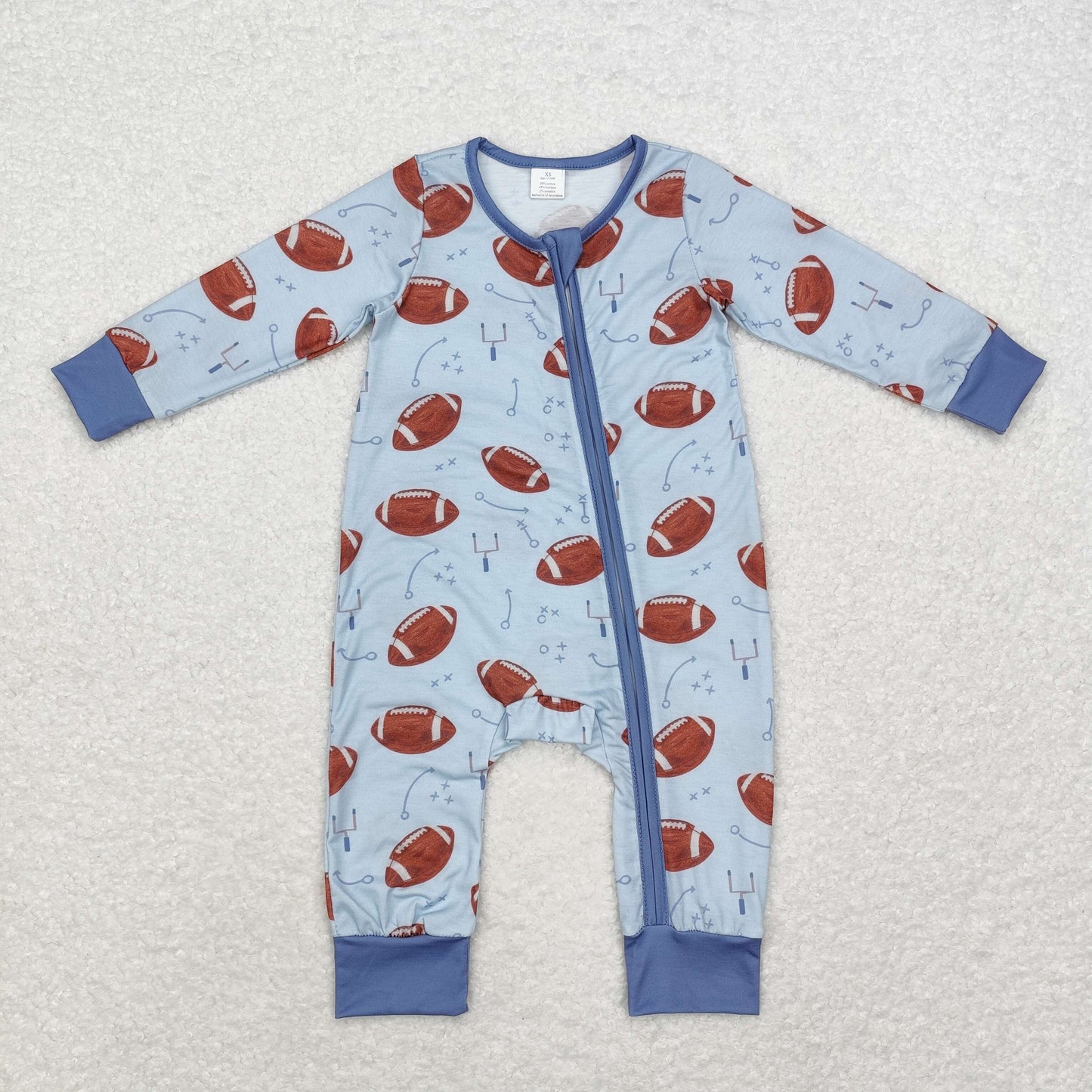 BAMBOO RTS NO MOQ ETA 5/7days Arrived LR1463 Modal football symbol blue zipper long sleeve jumpsuit