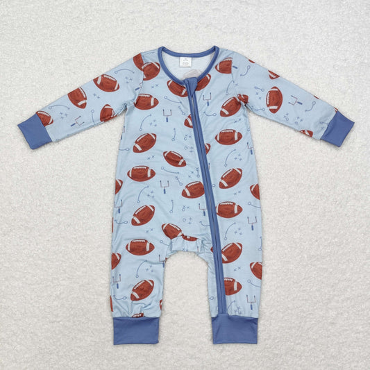 BAMBOO RTS NO MOQ ETA 5/7days Arrived LR1463 Modal football symbol blue zipper long sleeve jumpsuit
