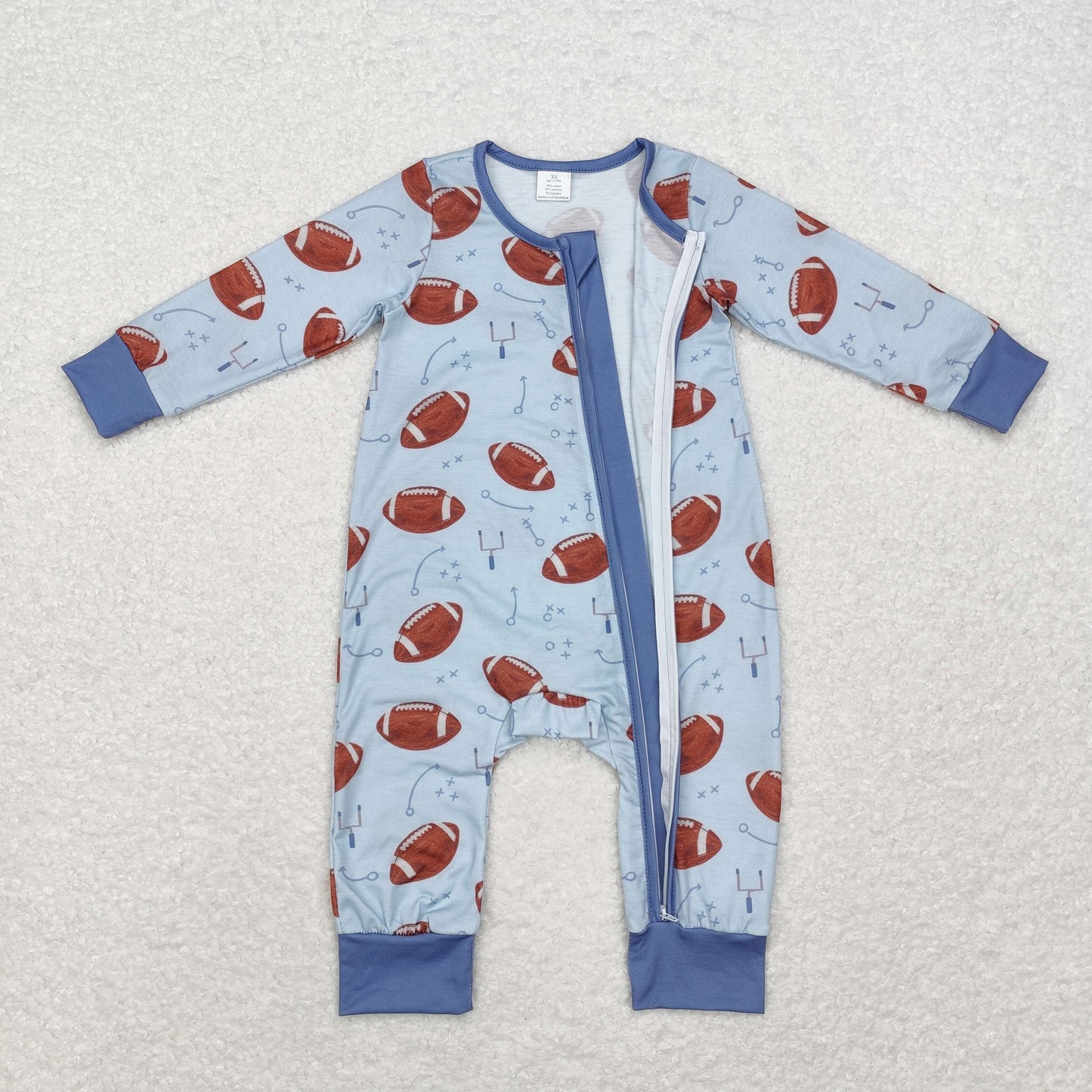 BAMBOO RTS NO MOQ ETA 5/7days Arrived LR1463 Modal football symbol blue zipper long sleeve jumpsuit