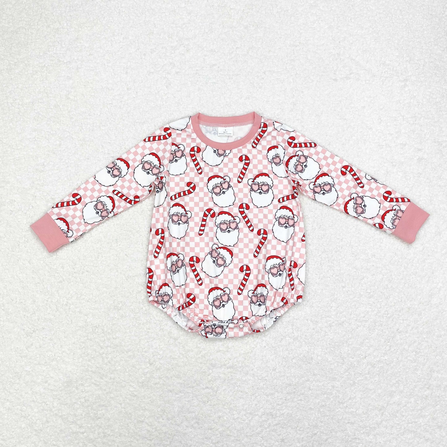 RTS NO MOQ（In Stock) LR1511 Santa Claus cane pink and white plaid long-sleeved jumpsuit