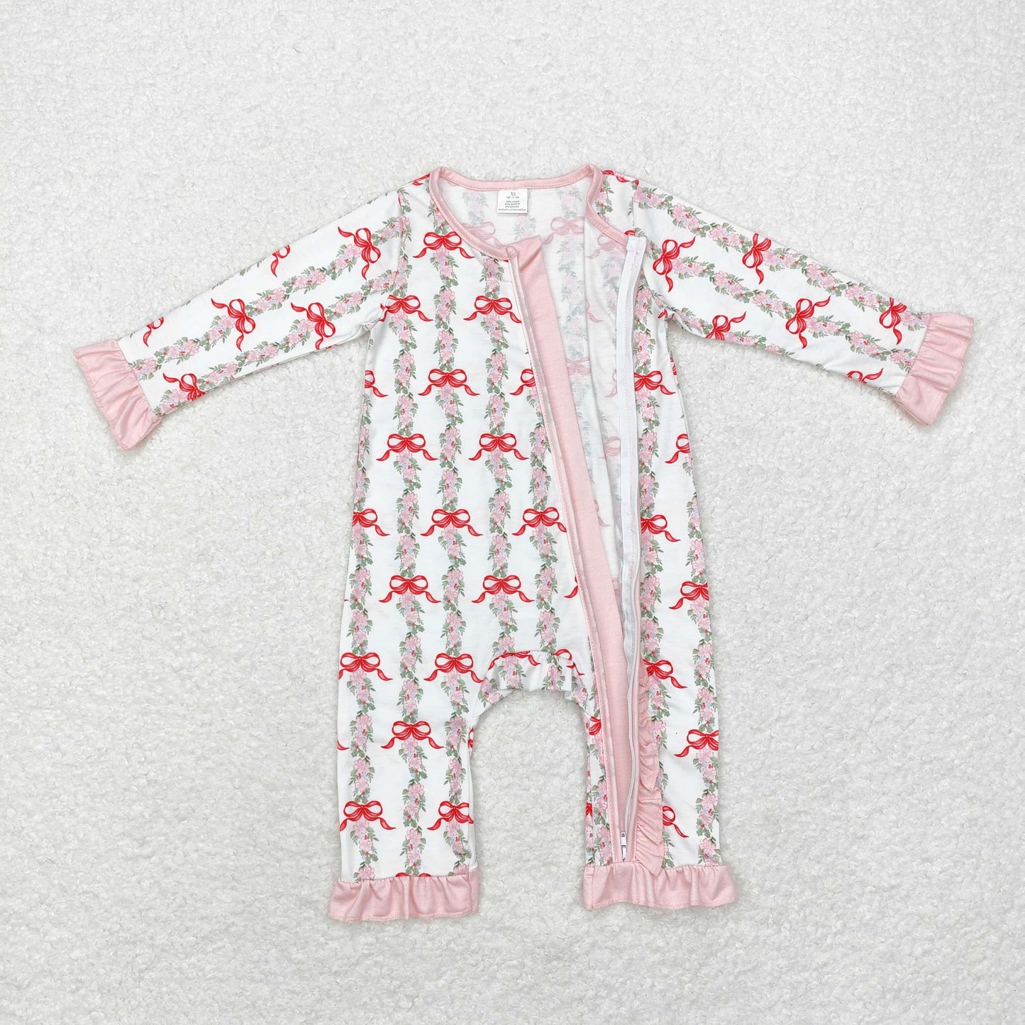 bamboo rts no moq LR1517 Modal flower leaf bow pattern pink lace white zipper long-sleeved jumpsuit