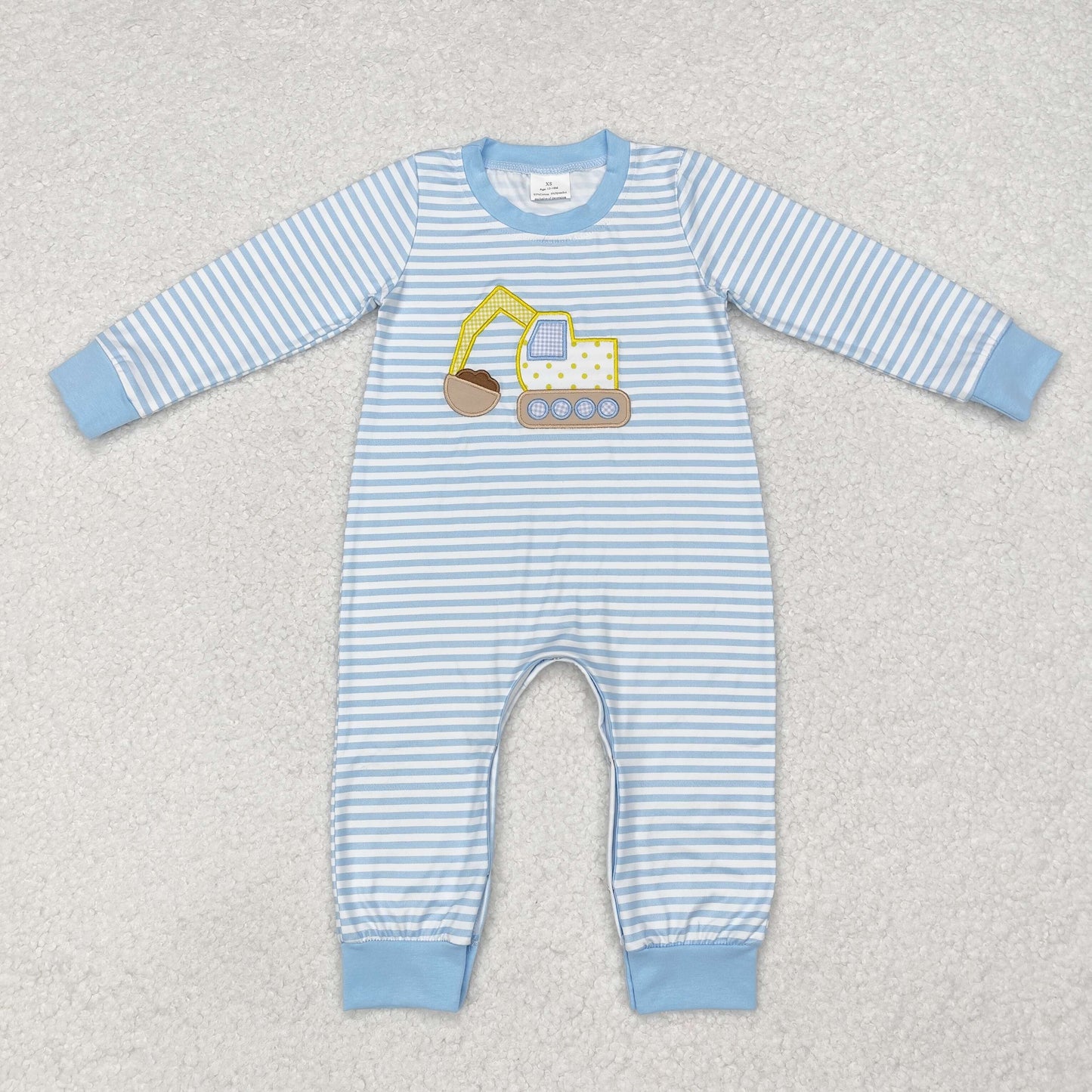 RTS NO MOQ（In Stock) LR1617 Embroidered excavator engineering vehicle striped blue-green long-sleeved jumpsuit