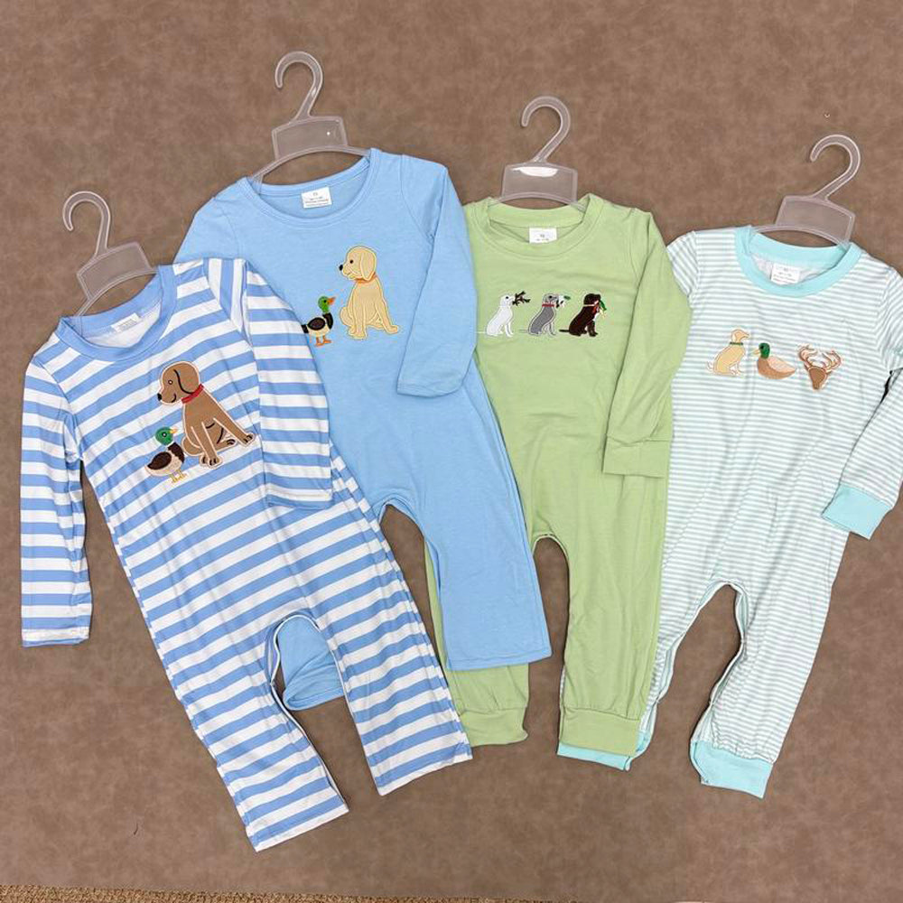 RTS NO MOQ Sibling baby boy clothes Embroidered Puppy Pattern Striped Long Sleeve Top & Climbing Suit