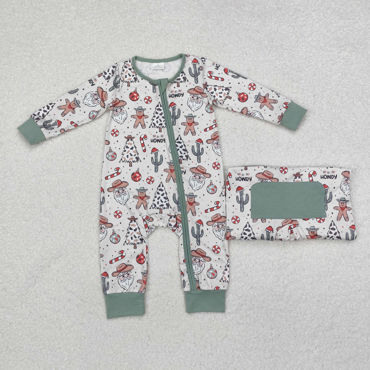 RTS NO MOQ（In Stock) LR1674 Cowboy hat Santa Claus cactus gingerbread man rice green zipper long-sleeved jumpsuit