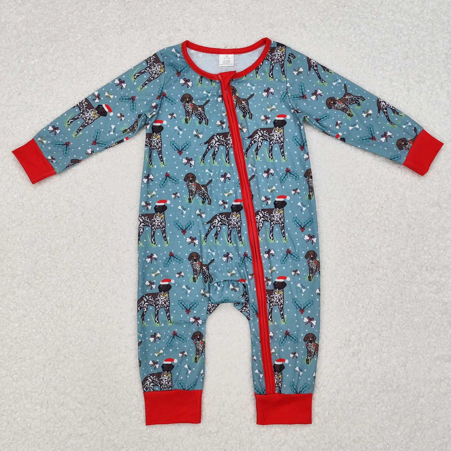 RTS NO MOQ（In Stock) LR1768 Modal Christmas puppy red and green zipper long-sleeved jumpsuit
