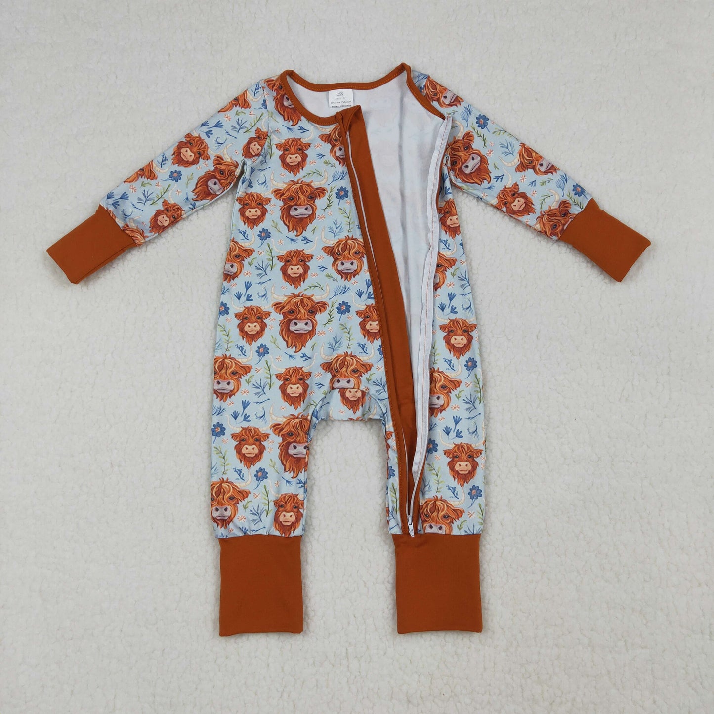 RTS NO MOQ Sibling Baby Girls Western Flowers Highland Cow Knee-Length Dress Zip Rompers