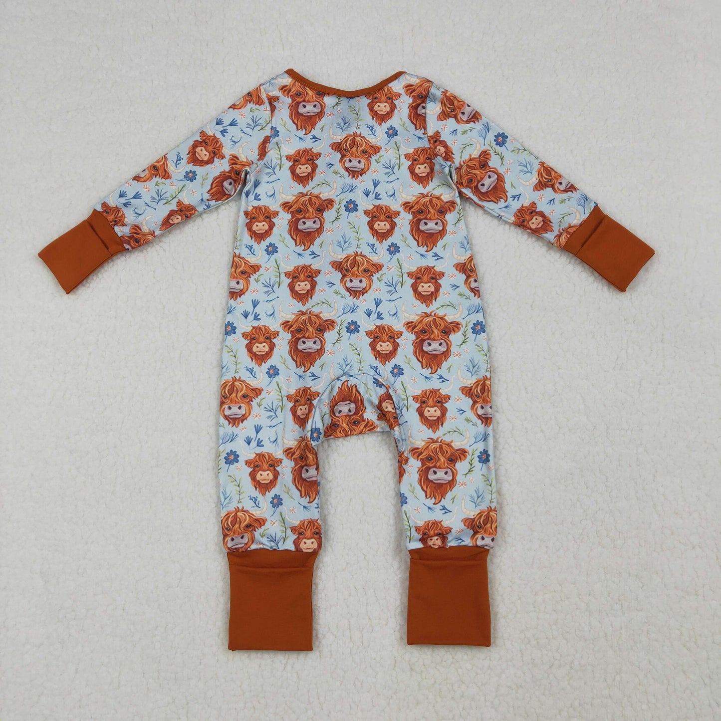 RTS NO MOQ Sibling Baby Girls Western Flowers Highland Cow Knee-Length Dress Zip Rompers