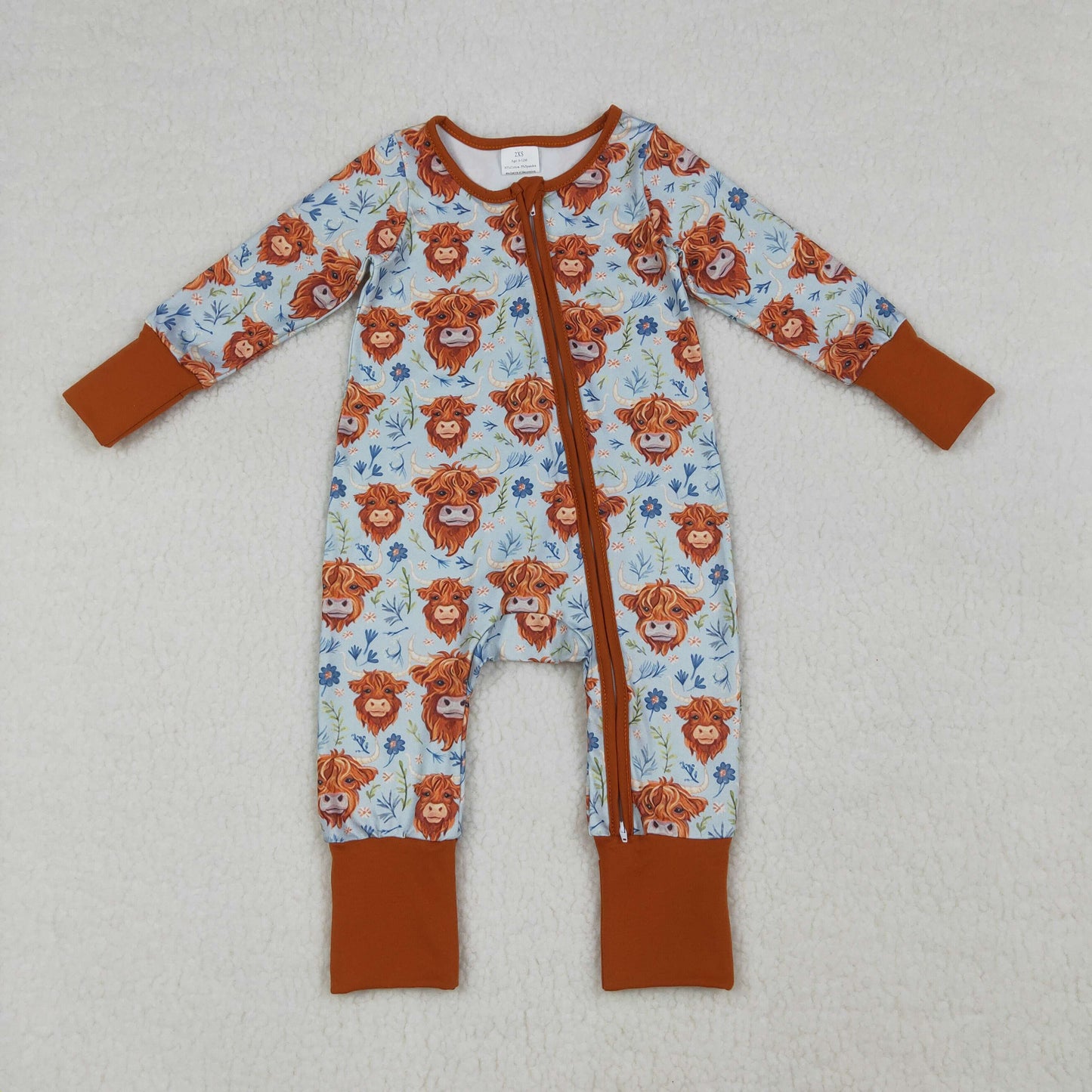 RTS NO MOQ LR1787 Baby Girls Rompers Highland Cows Flowers Western Design Two-Way Zipper Closure Outfit for Infants