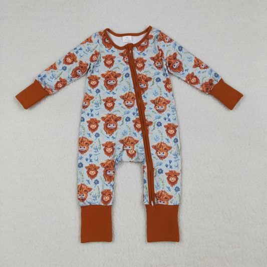 RTS NO MOQ LR1787 Baby Girls Rompers Highland Cows Flowers Western Design Two-Way Zipper Closure Outfit for Infants