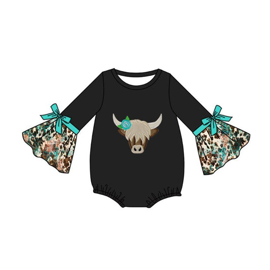 (Pre Order) No moq LR1854 Baby Girls Western Highland Cow Print Long Sleeve Rompers