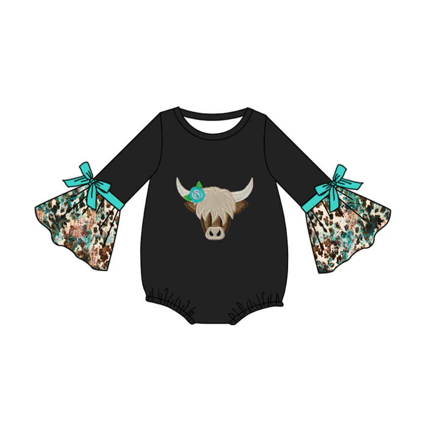 (Pre Order) Baby Infant Girls Western Highland Cow Long Sleeve Rompers