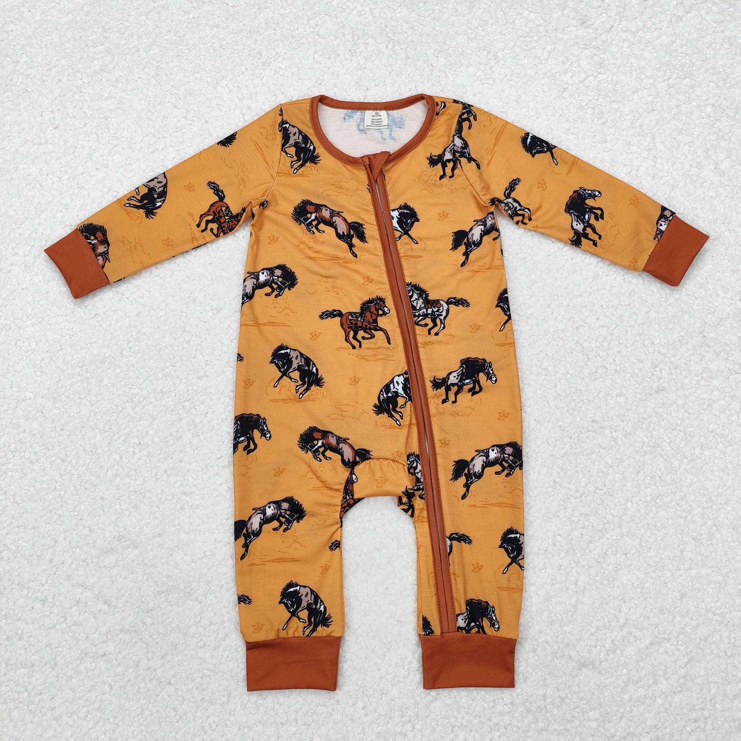 RTS NO MOQ（In Stock) Modal Horse Yellow Brown Zipper Long Sleeve Bodysuit