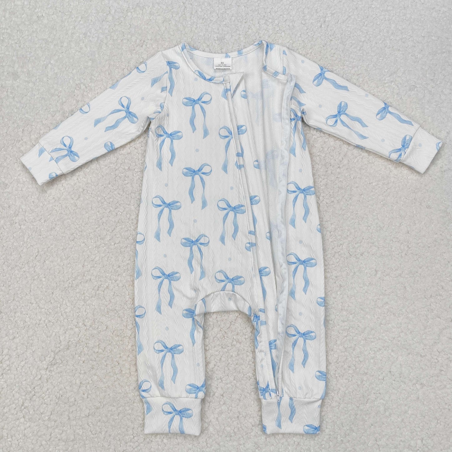 RTS NO MOQ ETA 5/7days arrived LR2070 Special fabric Blue bow pattern White zipper long-sleeved jumpsuit