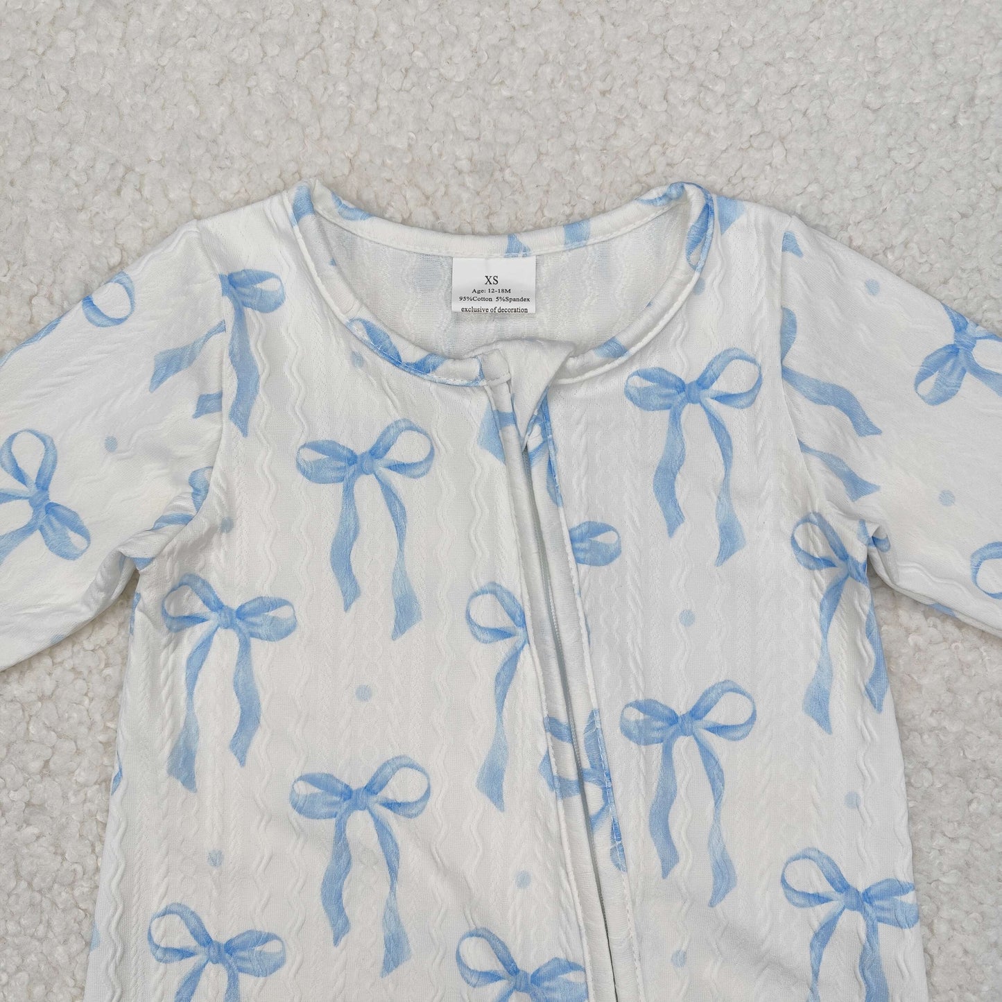 RTS NO MOQ ETA 5/7days arrived LR2070 Special fabric Blue bow pattern White zipper long-sleeved jumpsuit