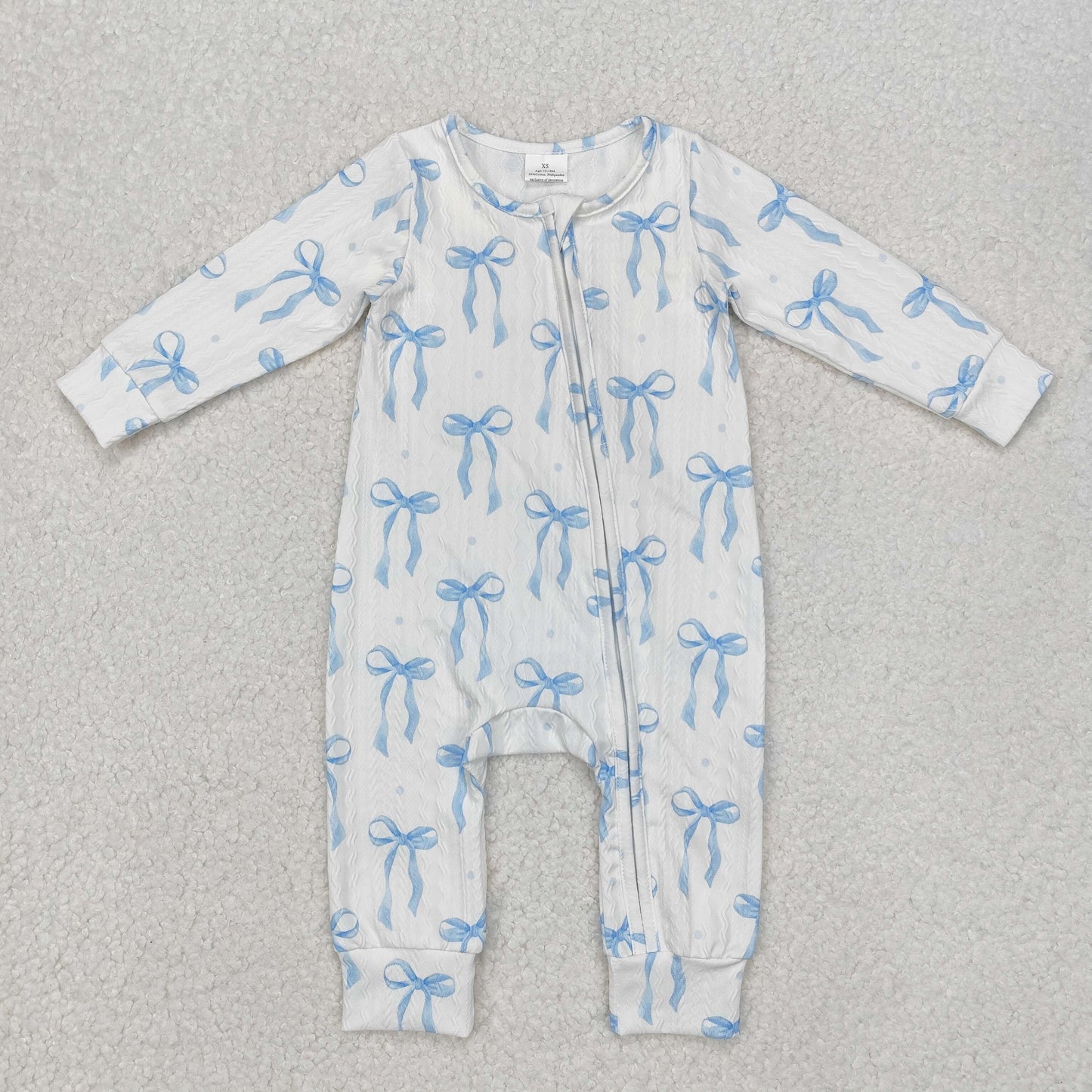 RTS NO MOQ ETA 5/7days arrived LR2070 Special fabric Blue bow pattern White zipper long-sleeved jumpsuit