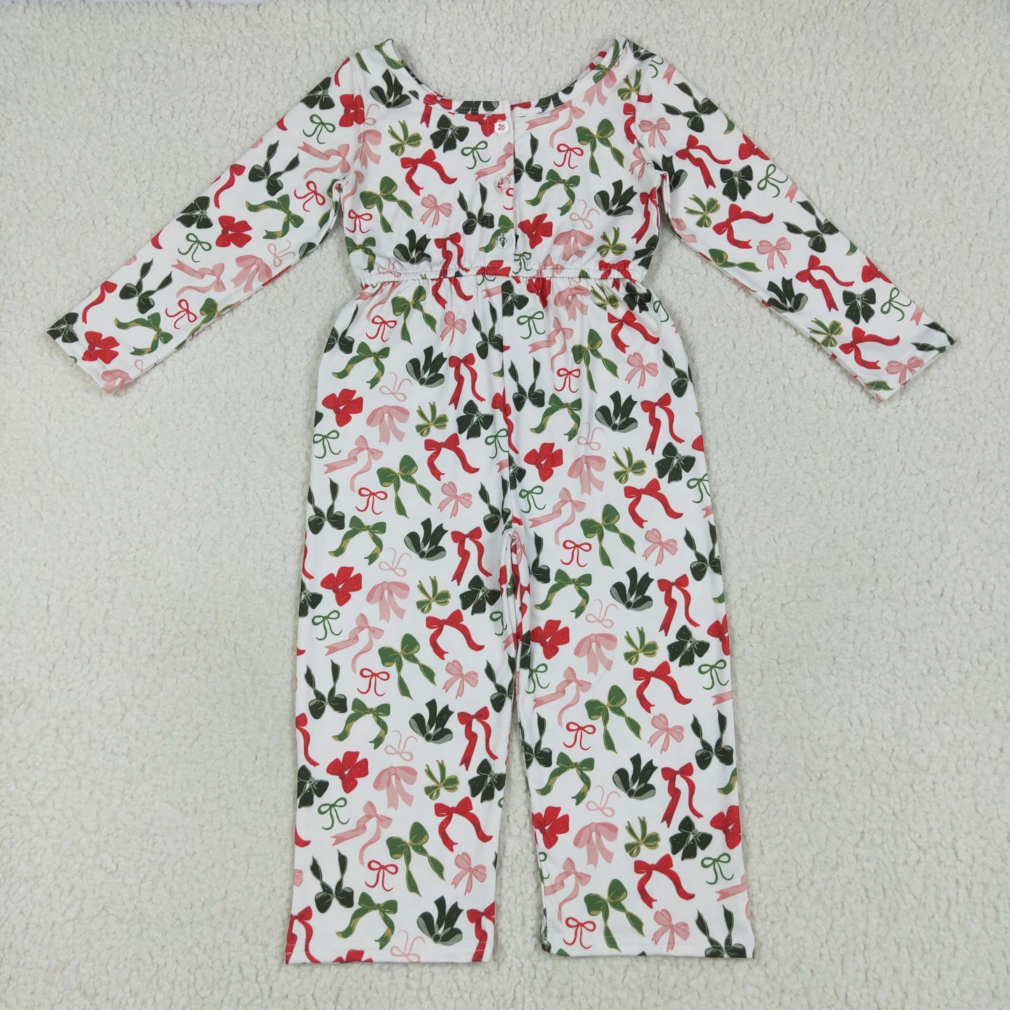 RTS NO MOQ LR2192 White long-sleeved jumpsuit with pink and green bow pattern