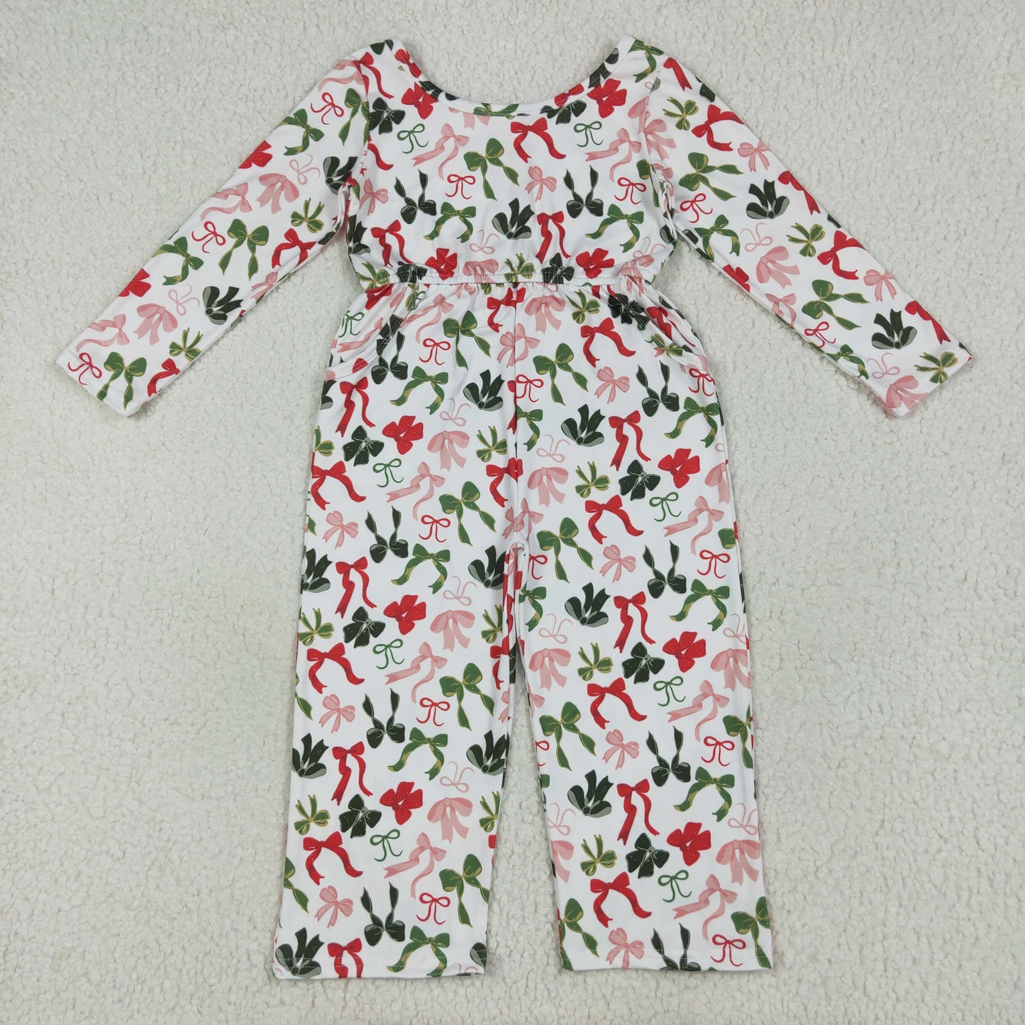 RTS NO MOQ LR2192 White long-sleeved jumpsuit with pink and green bow pattern