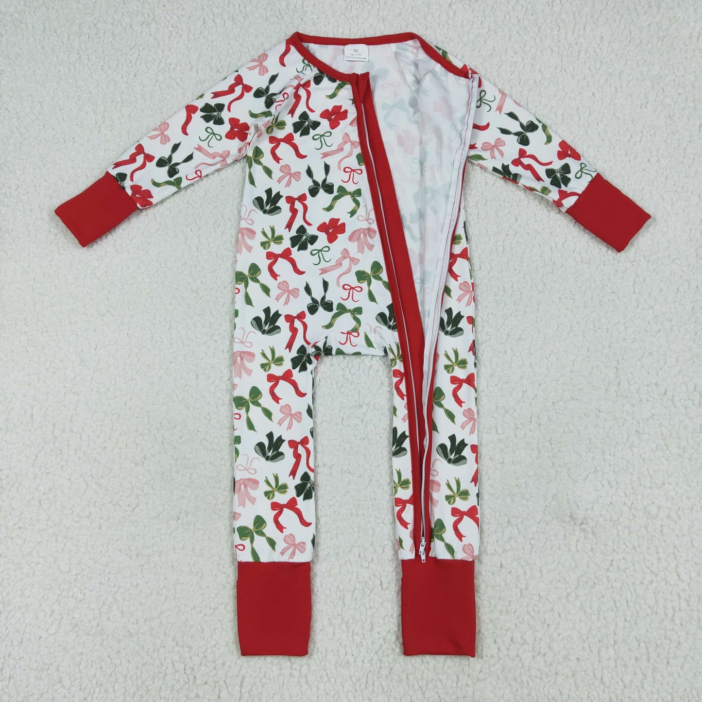 RTS NO MOQ LR2203 Christmas bow pattern red and white zipper long-sleeved jumpsuit