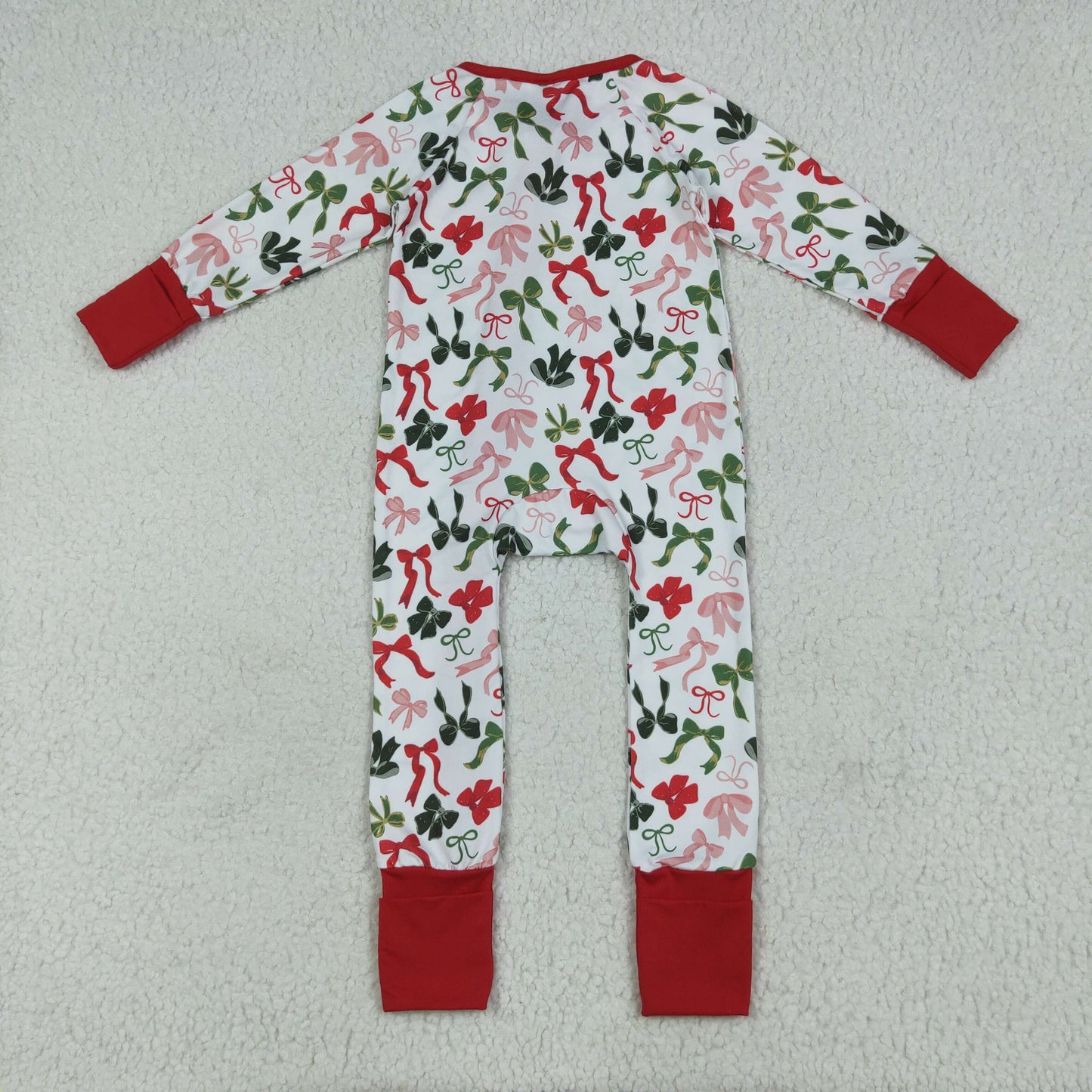 RTS NO MOQ LR2203 Christmas bow pattern red and white zipper long-sleeved jumpsuit