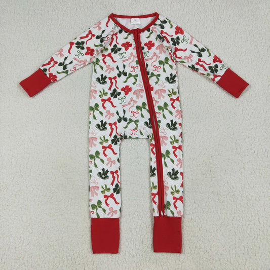 RTS NO MOQ LR2203 Christmas bow pattern red and white zipper long-sleeved jumpsuit
