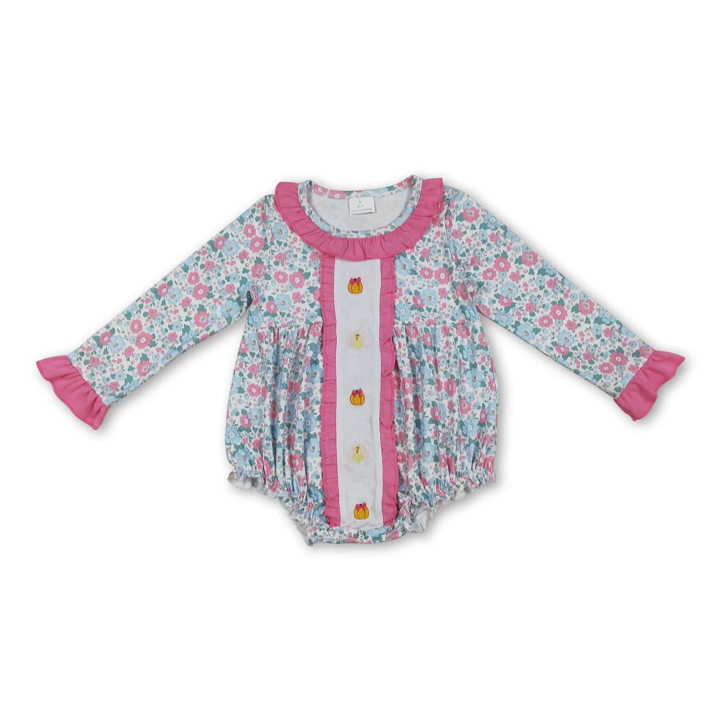 RTS NO MOQ Sibling milk silk Baby Girls Embroidery Turkey Pumpkin Floral Long Sleeve Ruffle Rompers
