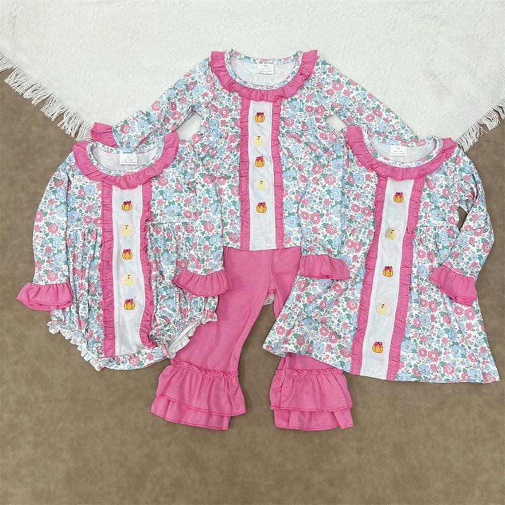RTS Sibling baby girls clothes halloween thanksgiving embroidery long Sleeve pants sets and dress and rompers