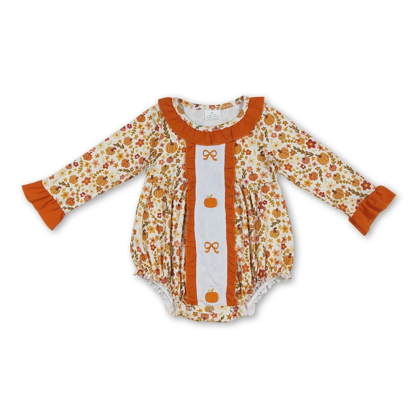 RTS NO MOQ Sibling milk silk Baby Girls Embroidery Turkey Pumpkin Floral Long Sleeve Ruffle Rompers