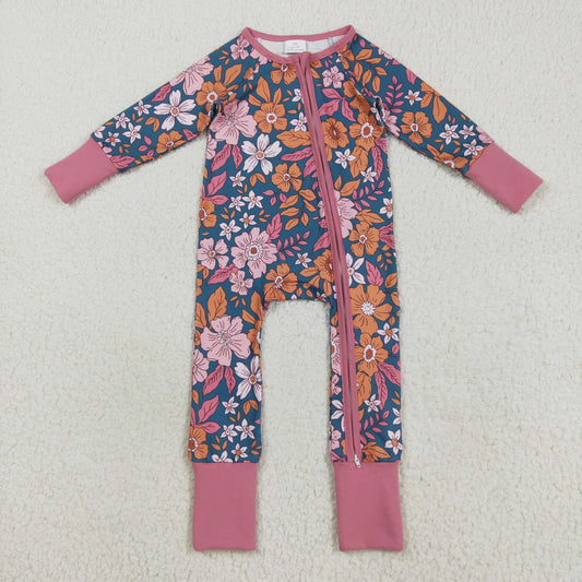 RTS NO MOQ（In Stock) LR2244 Pink and green floral and leaf long-sleeved zip-up bodysuit