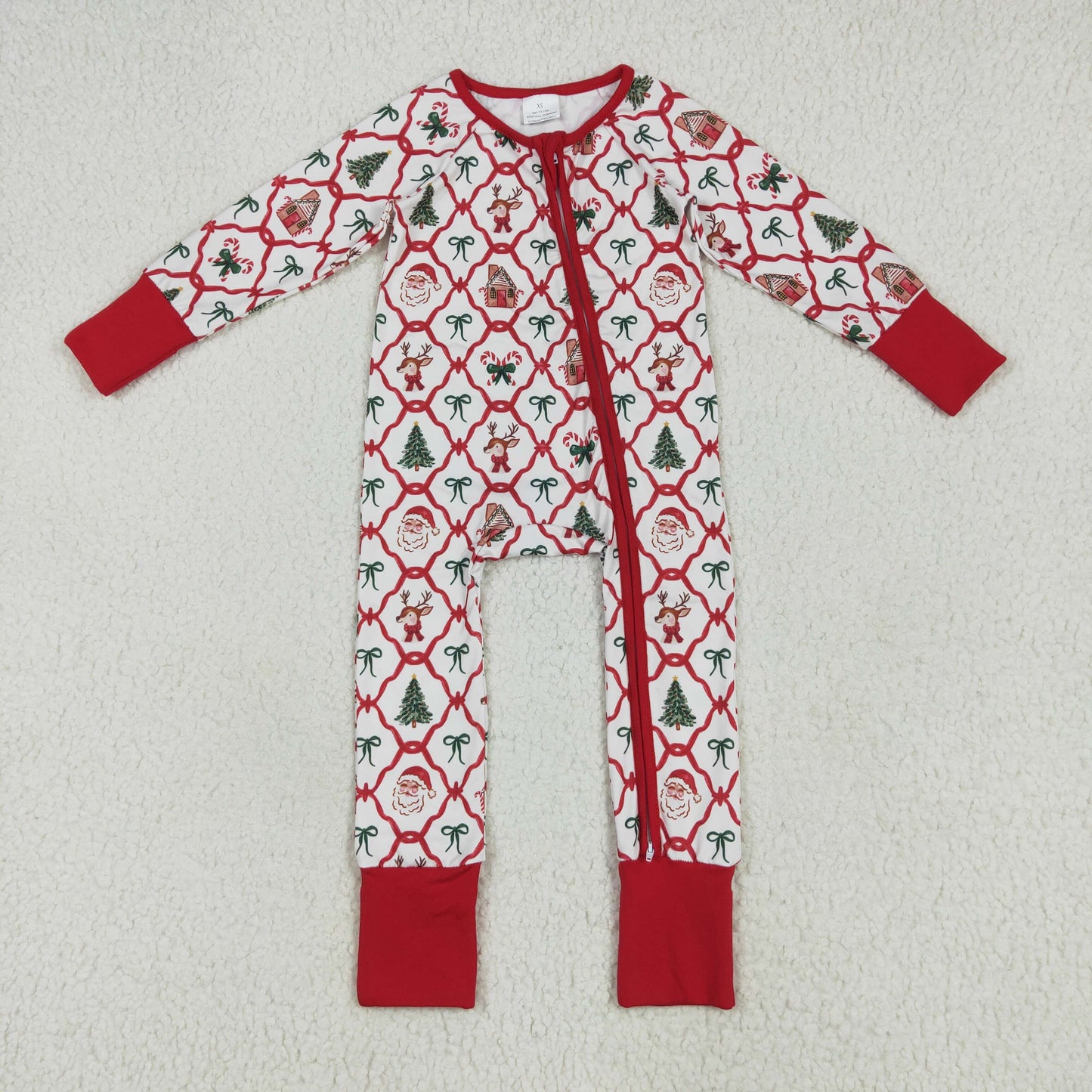 RTS NO MOQ（In Stock) LR2248 Christmas bear house bow pattern zipper long sleeve jumpsuit