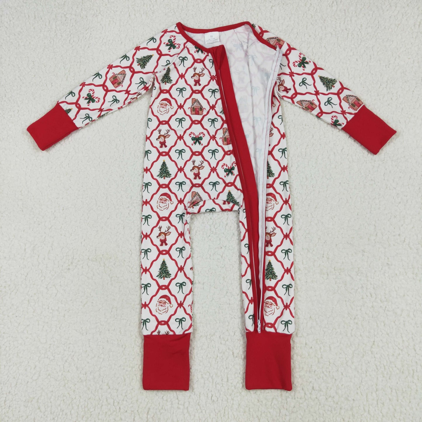 RTS NO MOQ（In Stock) LR2248 Christmas bear house bow pattern zipper long sleeve jumpsuit
