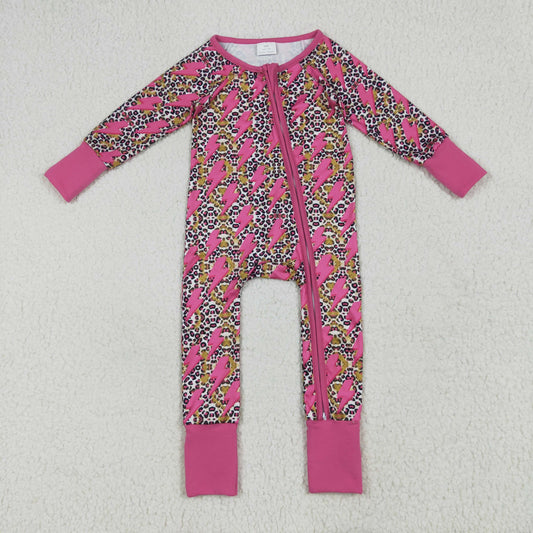 RTS NO MOQ LR2250 Rose red lightning leopard print zipper long-sleeved jumpsuit