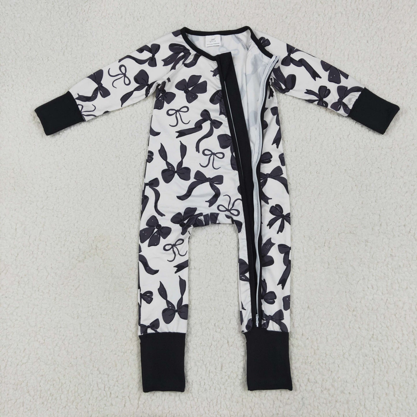 RTS NO MOQ LR2253 Black bow pattern beige zip-up long sleeve onesie