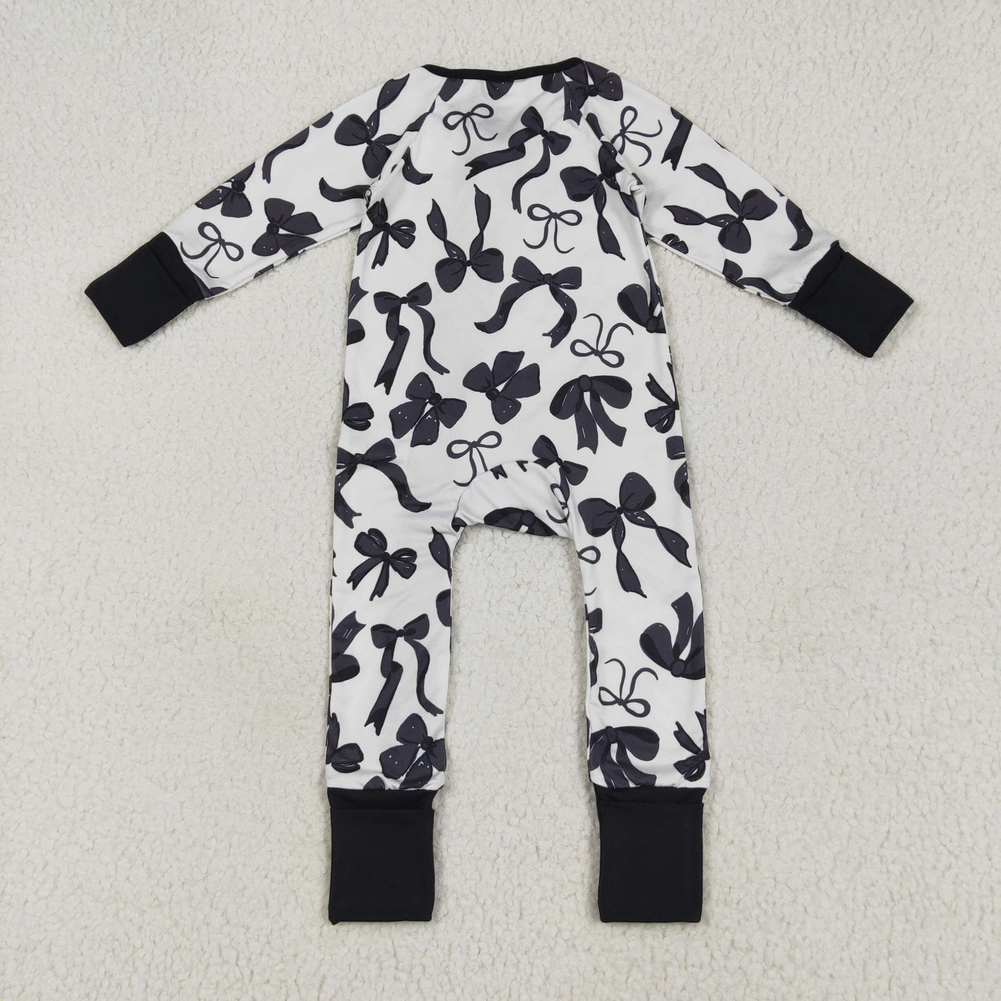 RTS NO MOQ LR2253 Black bow pattern beige zip-up long sleeve onesie