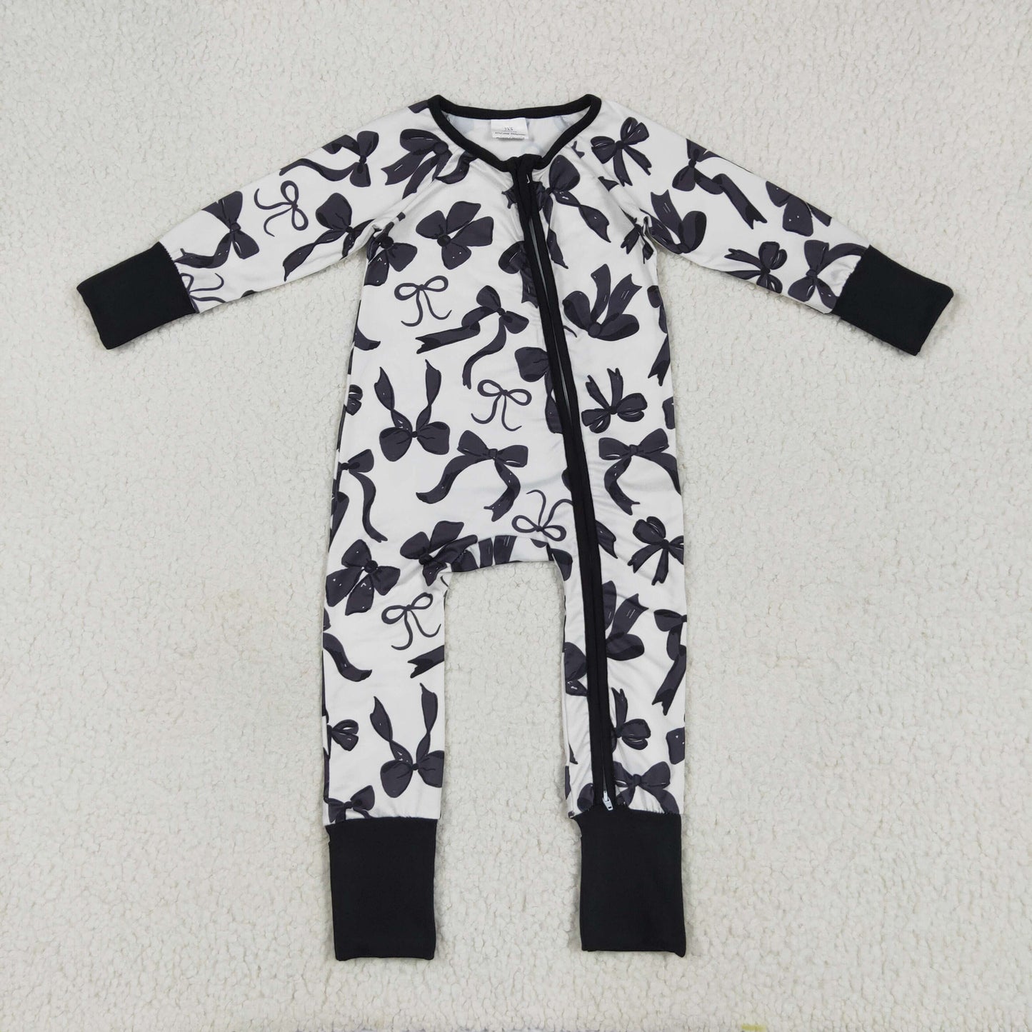 RTS NO MOQ LR2253 Black bow pattern beige zip-up long sleeve onesie