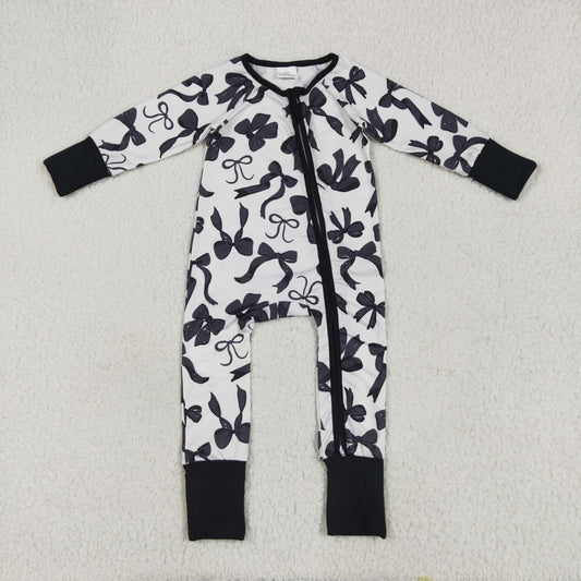 RTS NO MOQ LR2253 Black bow pattern beige zip-up long sleeve onesie