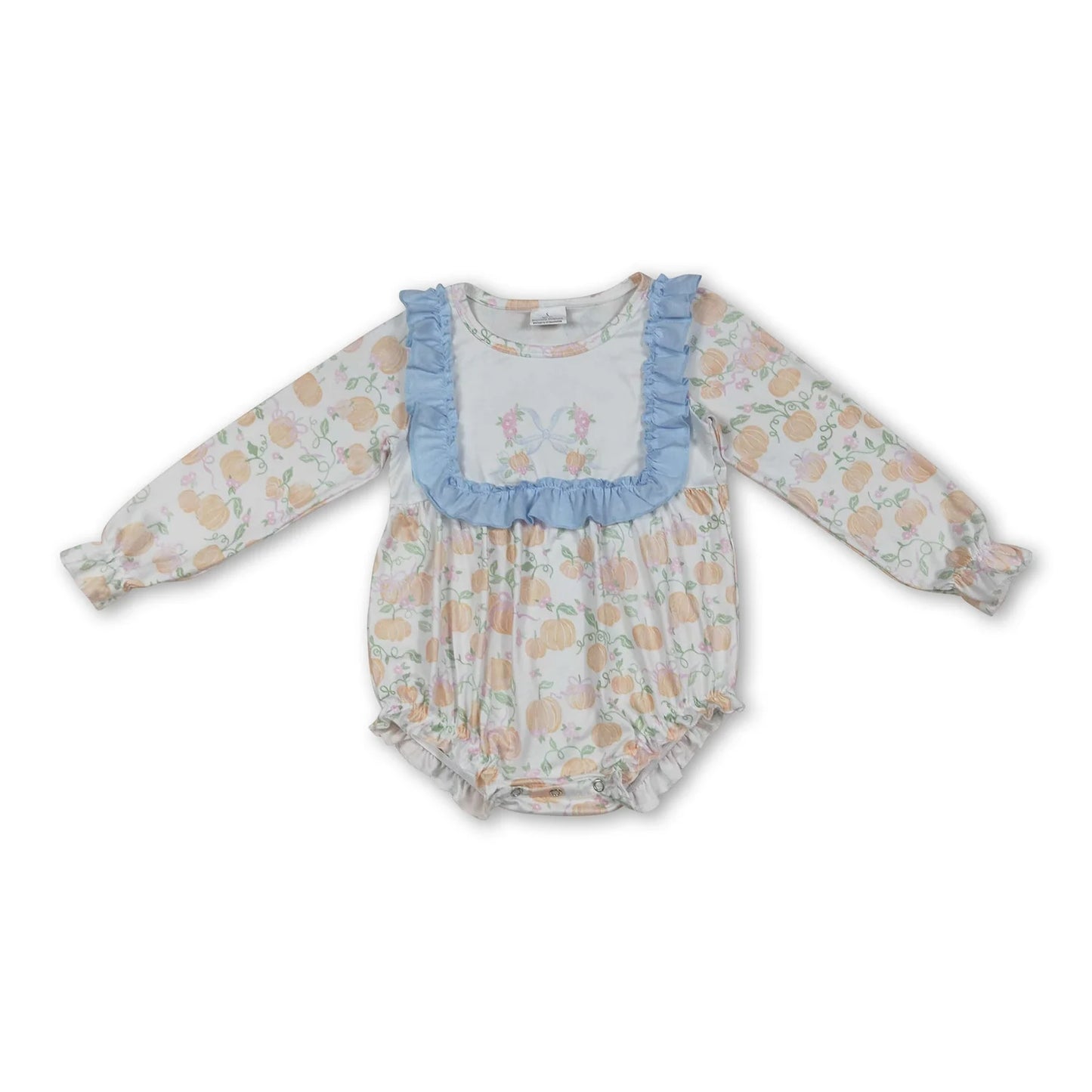 RTS NO MOQ Sibling milk silk Baby Girls Embroidery Turkey Pumpkin Floral Long Sleeve Ruffle Rompers