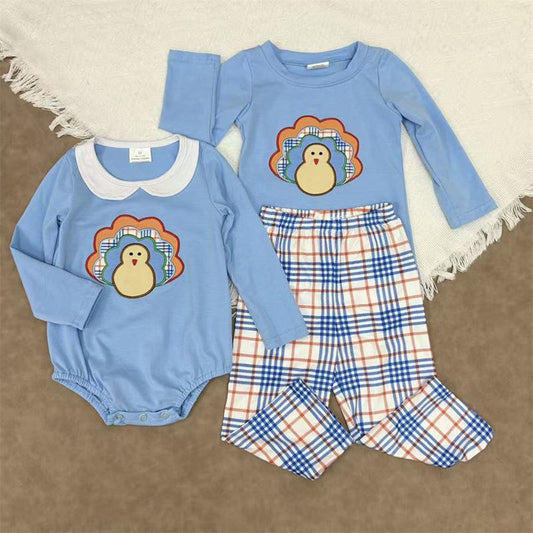 RTS NO MOQ Sibling Baby boy clothes Embroidery turkey long-sleeved trousers suit & rompers