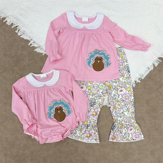 RTS NO MOQ Sibling Baby girls clothes Embroidery turkey long-sleeved trousers suit & rompers