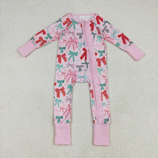 RTS NO MOQ LR2266 Bow pattern pink lace zipper long sleeve jumpsuit