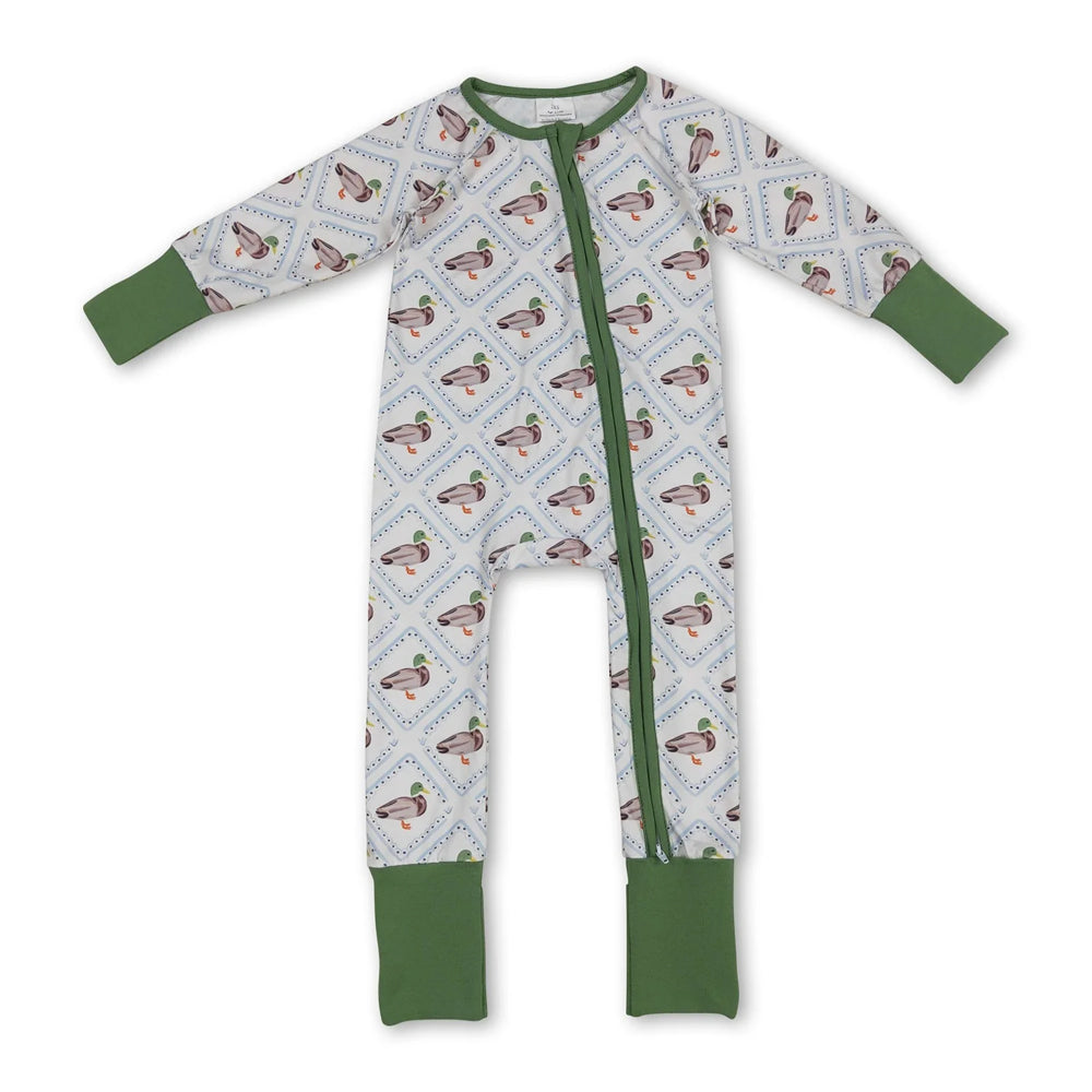 RTS NO MOQ Sibling milk silk Baby Boys Duck Print Long Sleeve Top Green Jogger Pant Set Zipper Romper