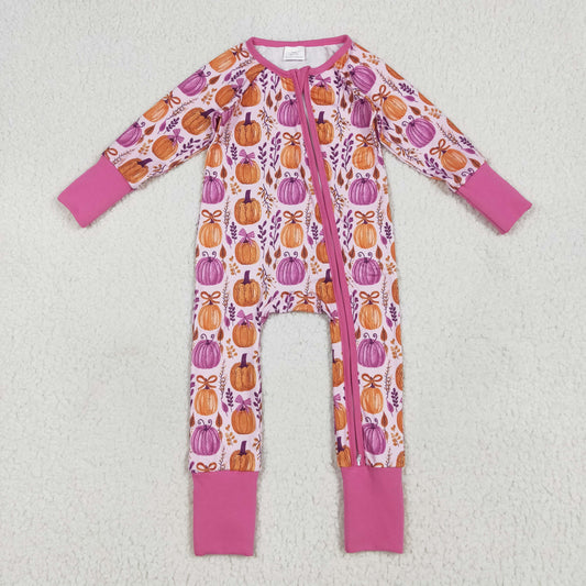 RTS NO MOQ（In Stock ) LR2270 Bowknot Pumpkin Leaf Rose Red Zipper Long Sleeve Jumpsuit