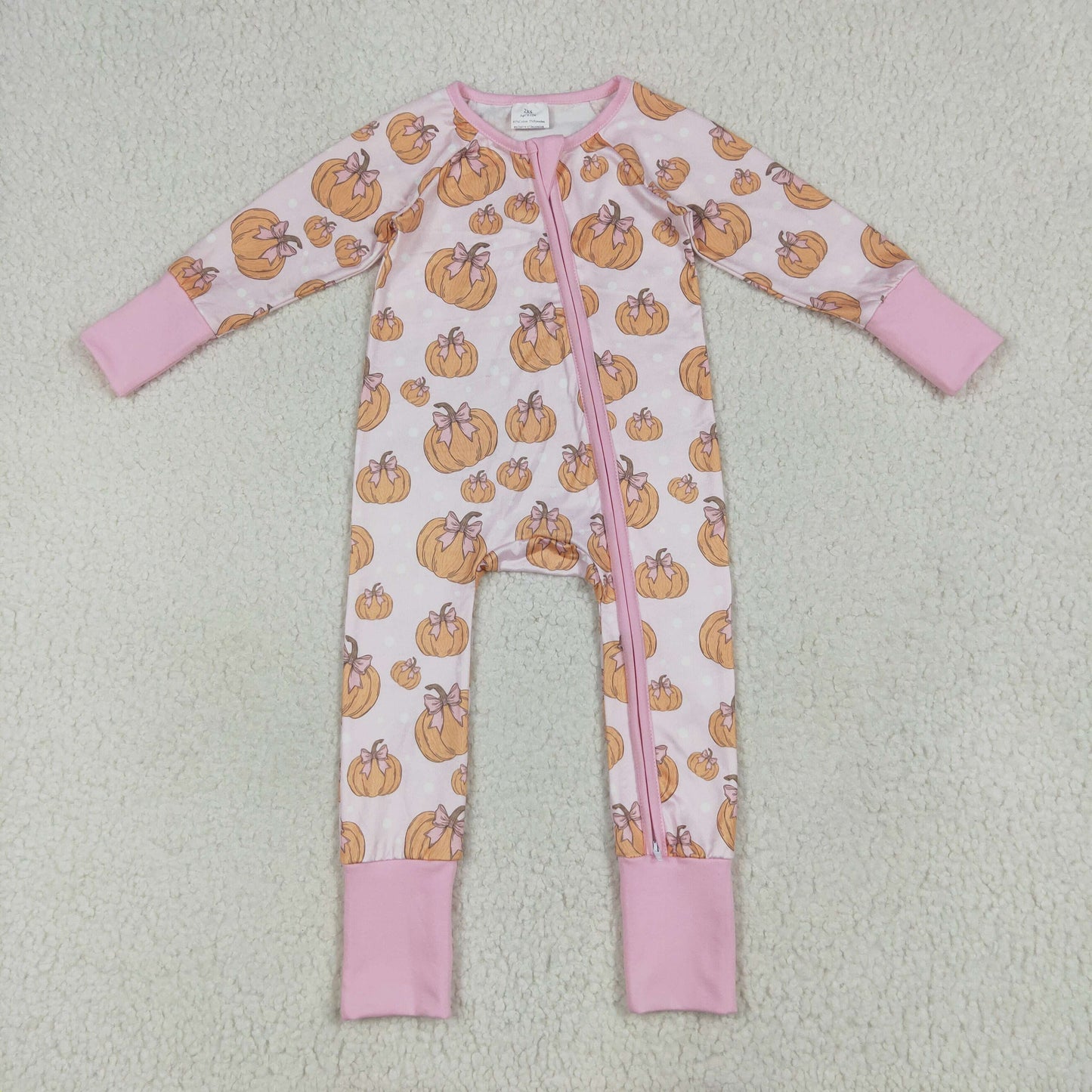 RTS NO MOQ（In Stock ) LR2271 Bow-knot pumpkin light pink zip-up long-sleeved jumpsuit