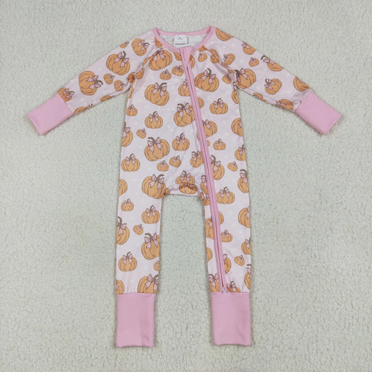RTS NO MOQ（In Stock ) LR2271 Bow-knot pumpkin light pink zip-up long-sleeved jumpsuit