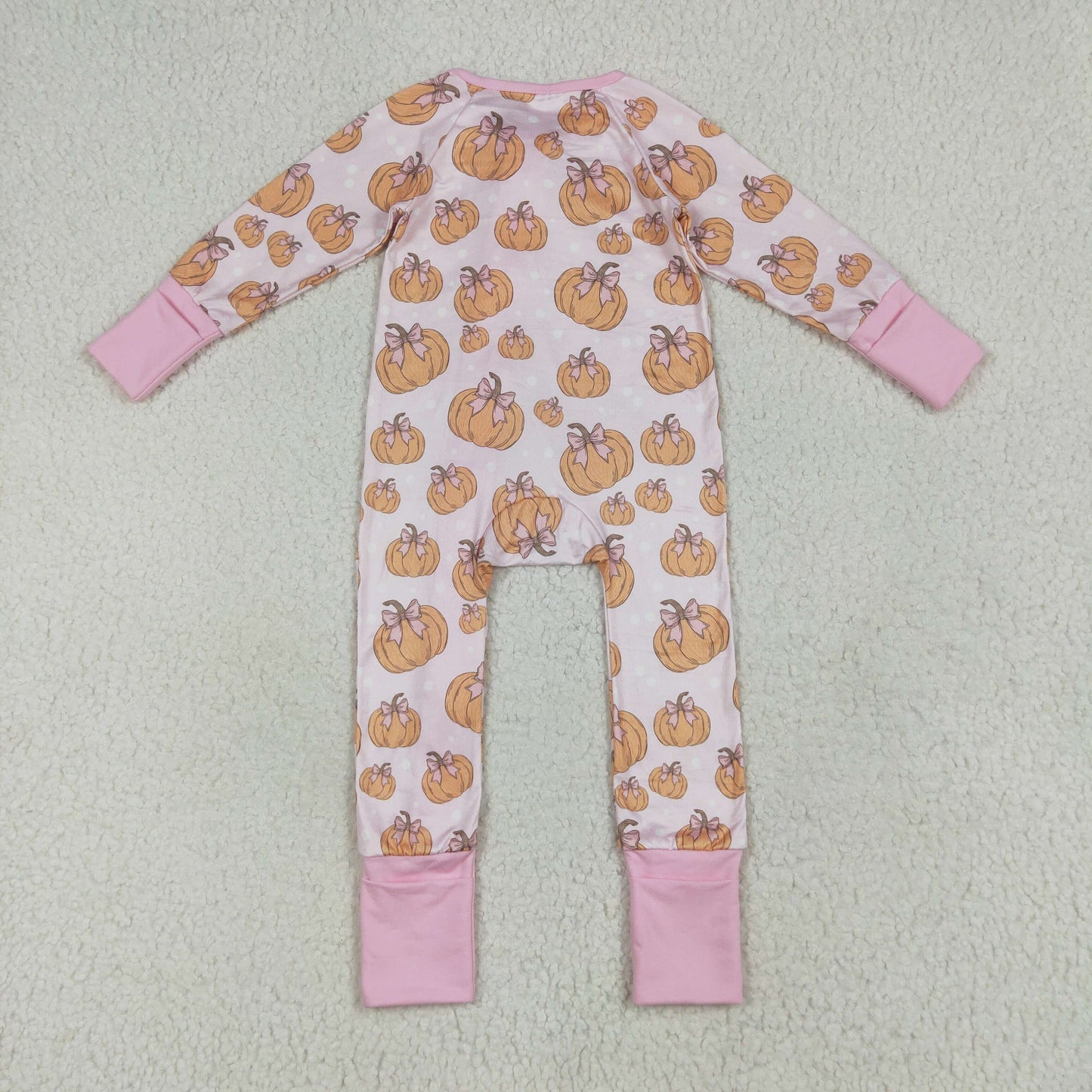 RTS NO MOQ（In Stock ) LR2271 Bow-knot pumpkin light pink zip-up long-sleeved jumpsuit