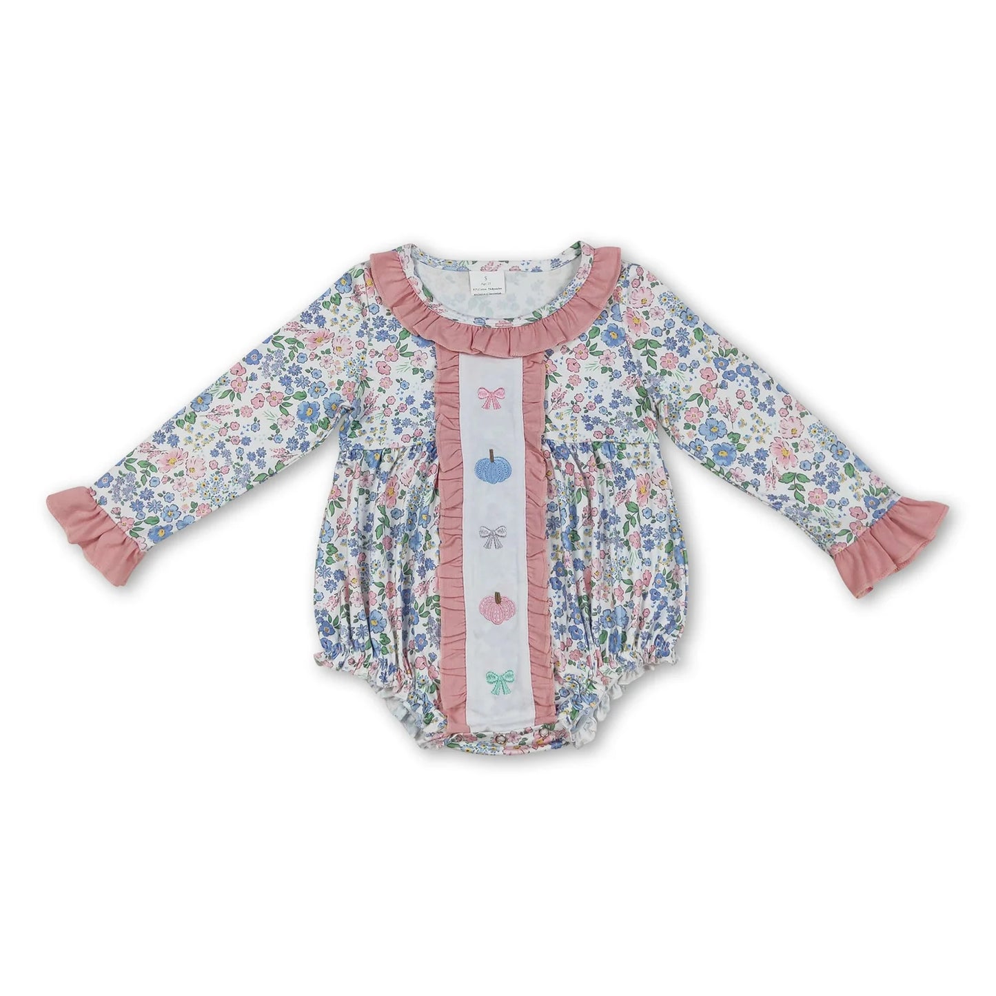 RTS NO MOQ Sibling milk silk Baby Girls Embroidery Turkey Pumpkin Floral Long Sleeve Ruffle Rompers