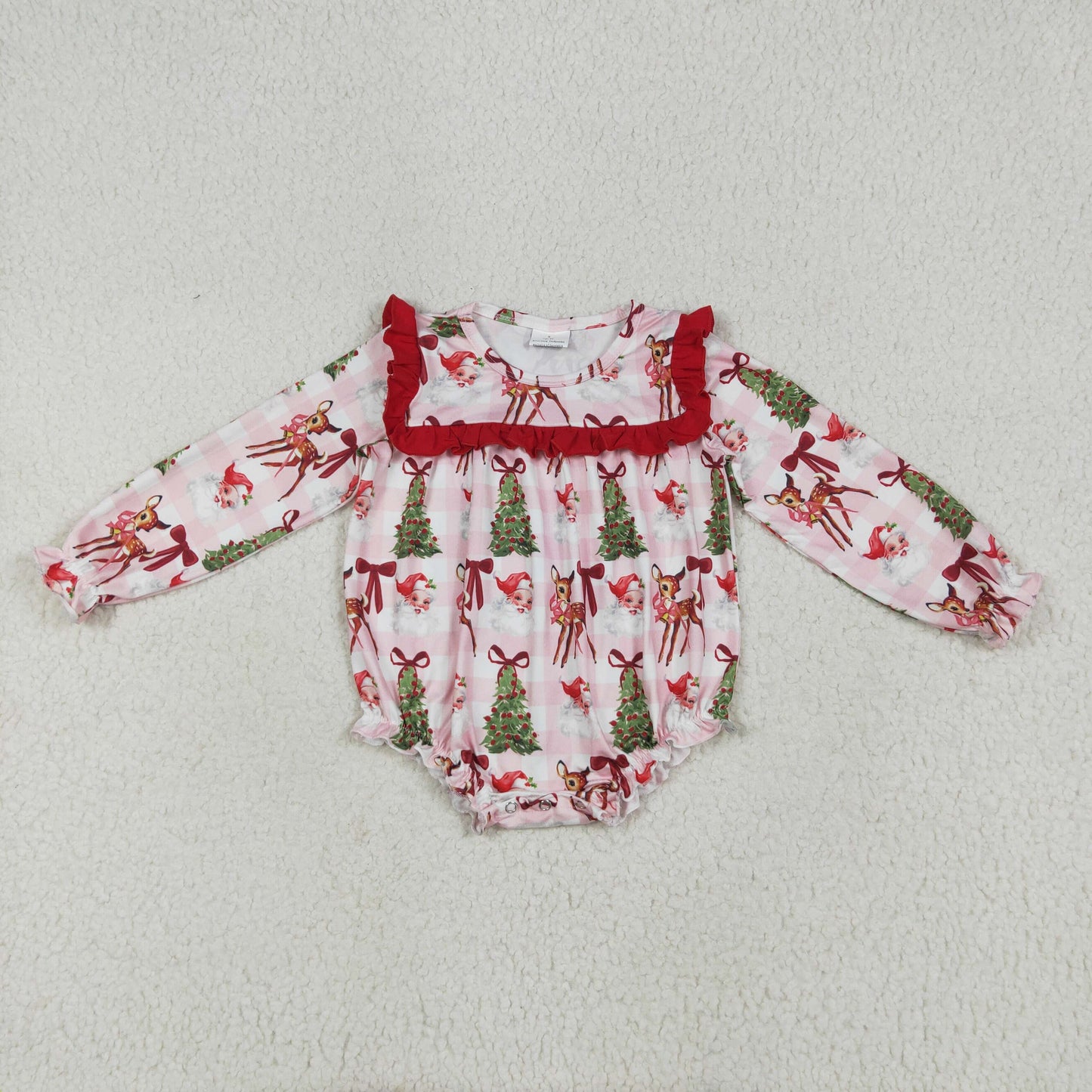 RTS NO MOQ LR2274 Santa Claus bow pattern deer red lace pink plaid long sleeve jumpsuit