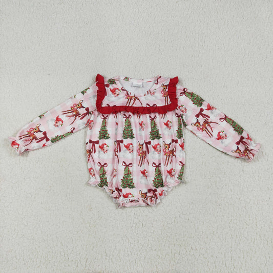 RTS NO MOQ LR2274 Santa Claus bow pattern deer red lace pink plaid long sleeve jumpsuit